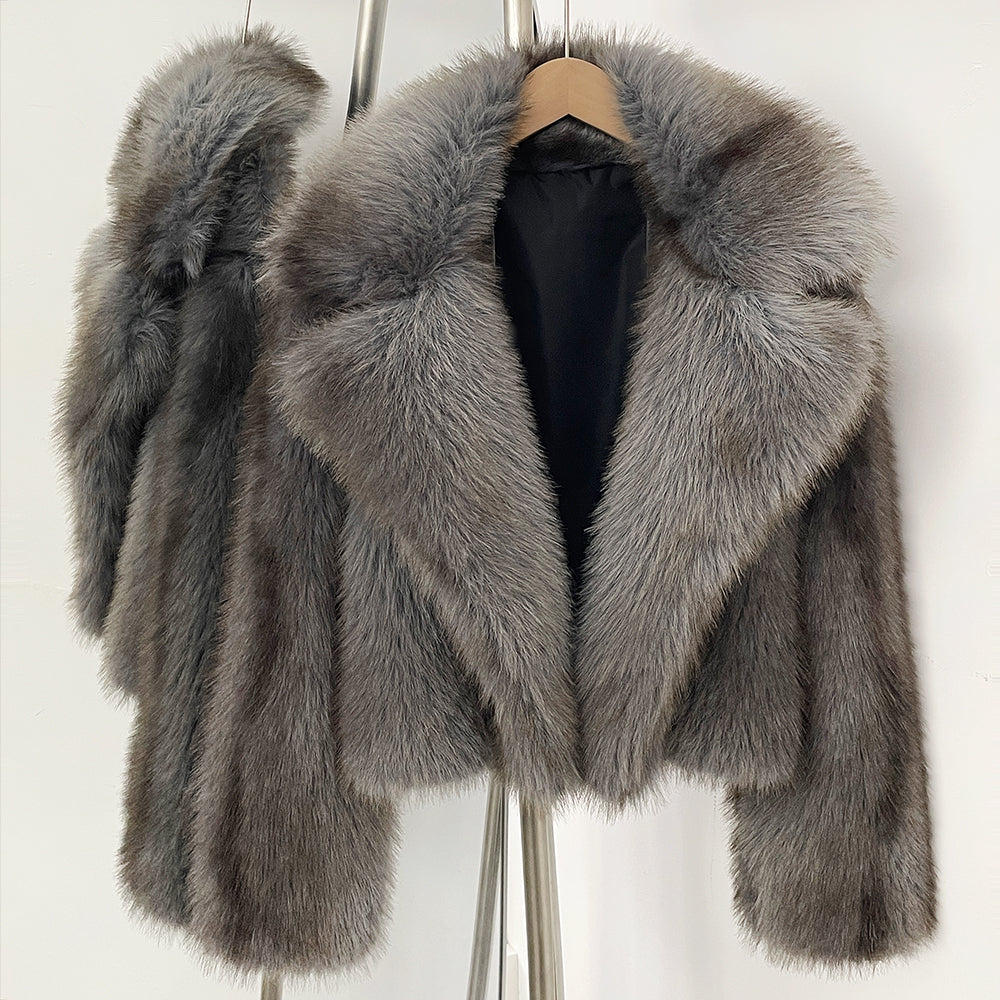 OFTBUY Luxury Oversized Lapel Faux Fur Jacket - Premium Vegan Fur Short Coat for Winter Glamour