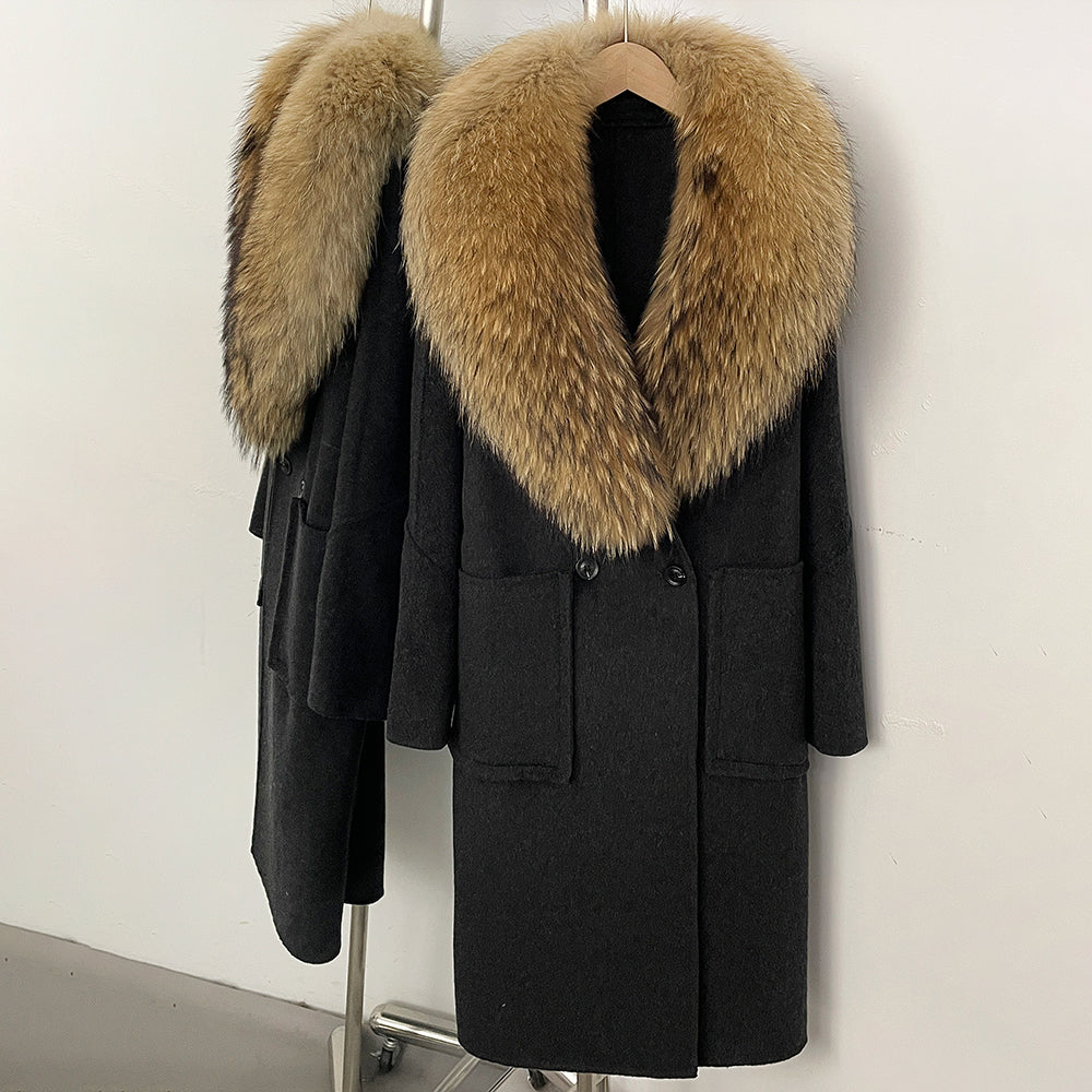 OFTBUY Double Breasted Pockets Long Luxury Warm Winter Outerwear New Women's Double-Faced Wool Coat with Real Fox Fur Collar