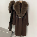 OFTBUY Warm Winter Elegant Fashion knit Outerwear female New Women's Knit Long Coat with Large Real Fox Fur Collar Belted Waist