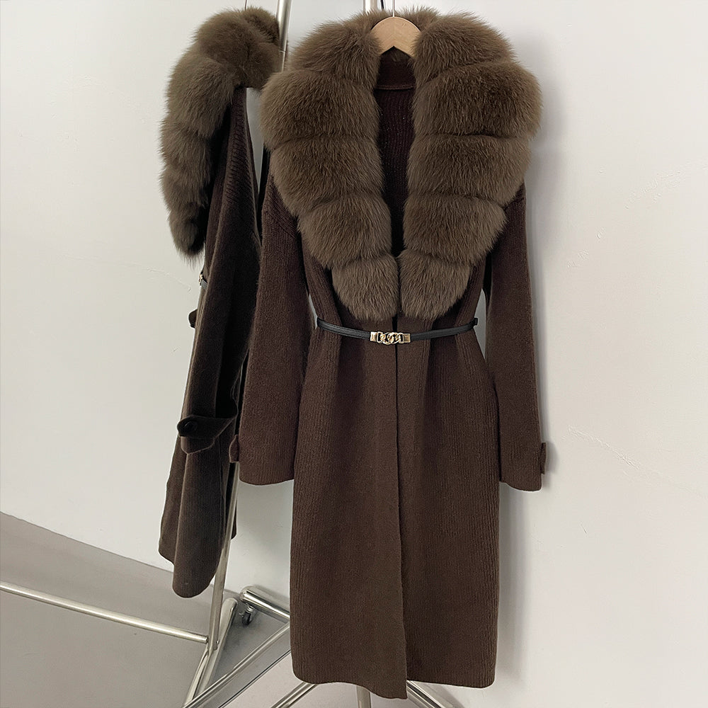OFTBUY Warm Winter Elegant Fashion knit Outerwear female New Women's Knit Long Coat with Large Real Fox Fur Collar Belted Waist