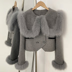 OFTBUY Double Buttons Pockets Warm Winter Elegant Outerwear New Women's Wool Cropped Jacket with Large Real Fox Fur Collar Cuffs
