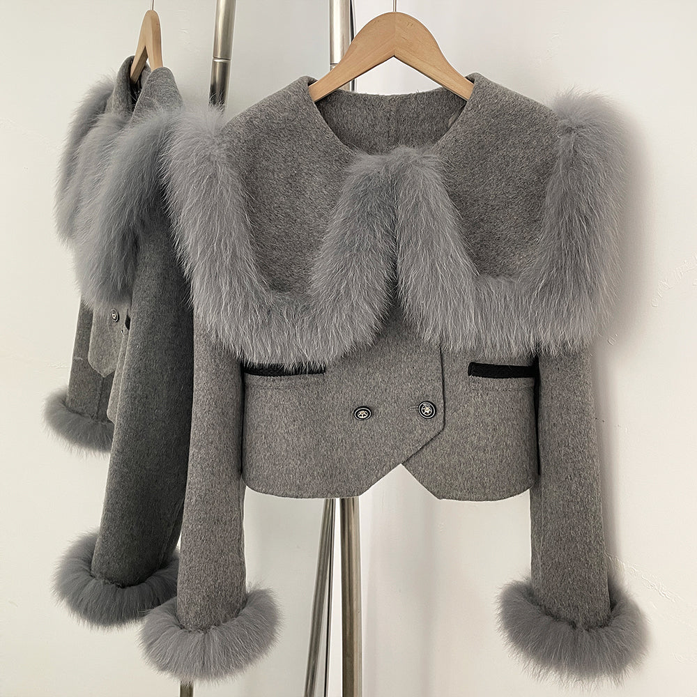 OFTBUY Double Buttons Pockets Warm Winter Elegant Outerwear New Women's Wool Cropped Jacket with Large Real Fox Fur Collar Cuffs
