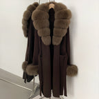 OFTBUY New Cardigan Autumn Winter Long Knit Clothing Women Loose Warm Belt Sweater Jacket with Real Fox Fur Collar and Cuffs