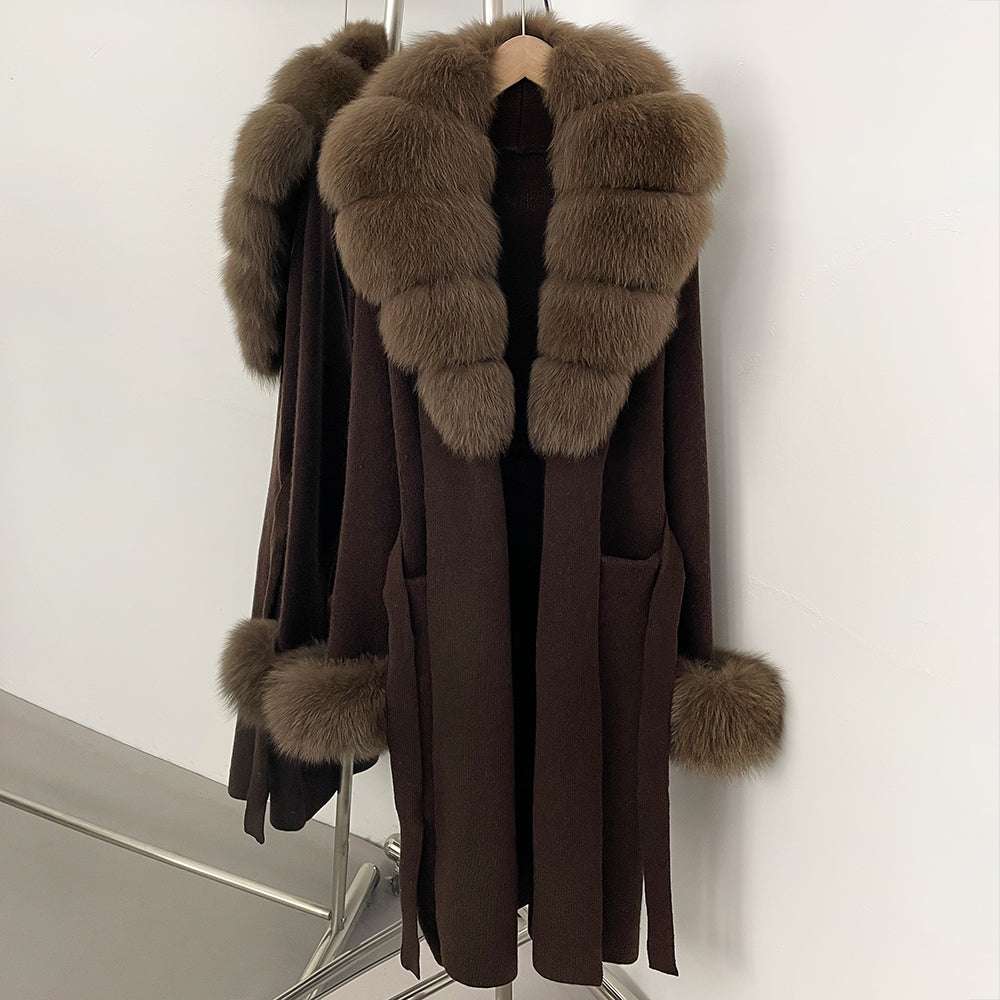 OFTBUY New Cardigan Autumn Winter Long Knit Clothing Women Loose Warm Belt Sweater Jacket with Real Fox Fur Collar and Cuffs