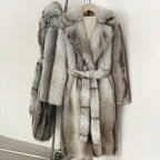 OFTBUY Luxury Long-Length Belted Faux Fur Coat - Premium Vegan Silver Fox Style Overcoat with Oversized Lapel