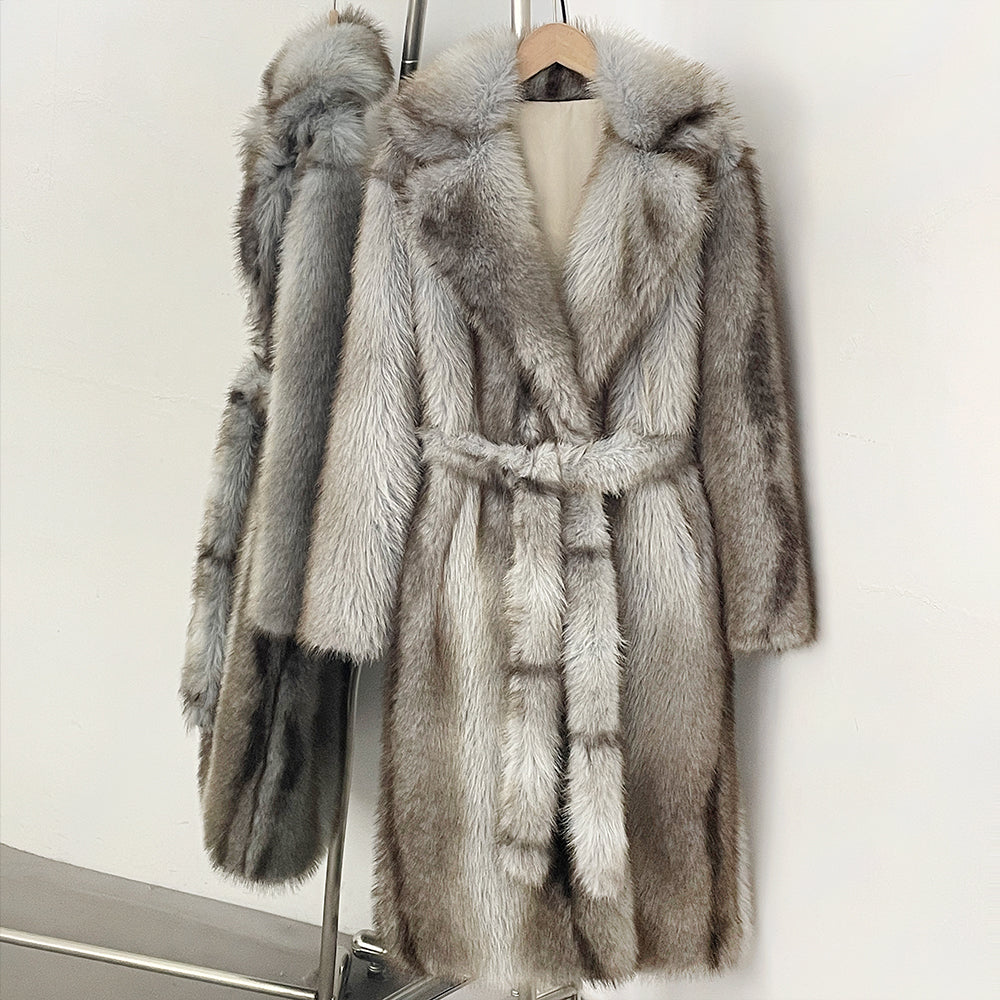 OFTBUY Luxury Long-Length Belted Faux Fur Coat - Premium Vegan Silver Fox Style Overcoat with Oversized Lapel