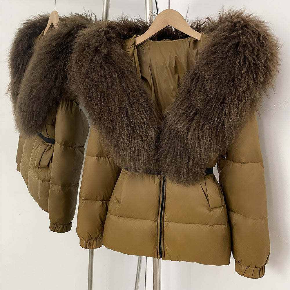 OFTBUY New Belted Luxury Warm Winter Women's Puffer Jacket with Real Mongolia Sheep Fur Collar Outerwear Duck Dowm Coat Female