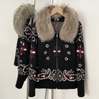 OFTBUY Women's Vintage Real Fox Fur Collar Knit Cardigan Paisley Print Zip Up Sweater Jacket Female Warm Winter Luxury Outerwear