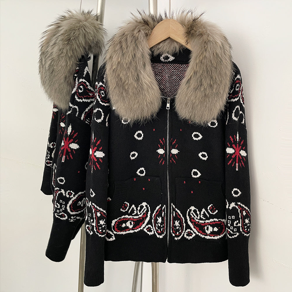 OFTBUY Women's Vintage Real Fox Fur Collar Knit Cardigan Paisley Print Zip Up Sweater Jacket Female Warm Winter Luxury Outerwear