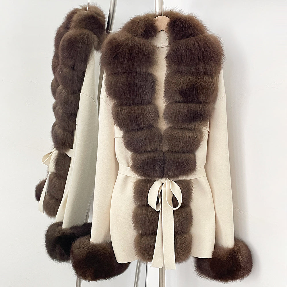 OFTBUY Belt Textured Knit Warm Winter Luxury Outerwear Female Sweater Cardigan New Women's Knit Coat with Large Real Fox Fur