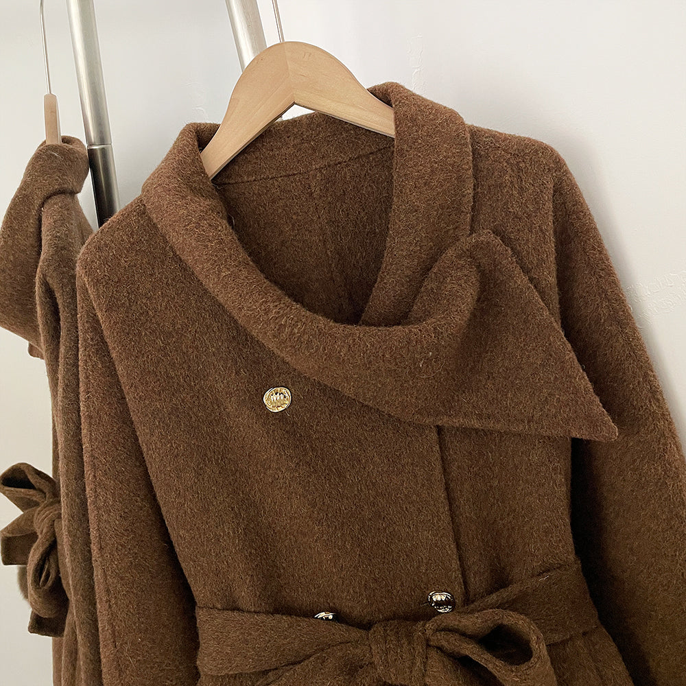 OFTBUY Gold Buttons Belted Bow Warm Winter Elegant Fashion Outerwear New Women's Double Face Wool Coat with Real Fox Fur Cuffs