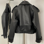OFTBUY Fashion Outerwear Fake Leather Coat Female New Women's Cropped Faux Leather Jacket Lapel Collar Belted Loose Streetwear