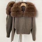 OFTBUY Women's Real Fox Raccoon Fur Collar Knit Zip Up Cardigan Ribbed Hem Warm Winter Sweater Jacket Female Luxury Outerwear