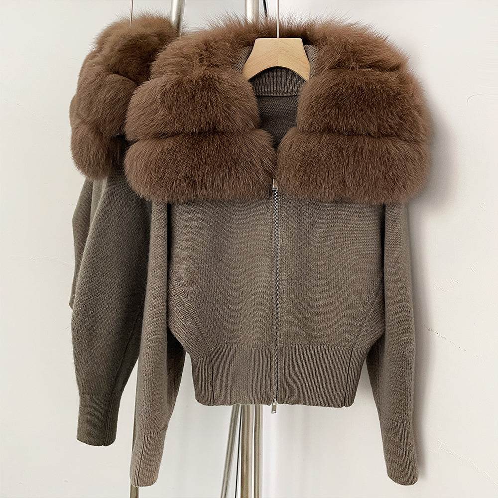 OFTBUY Women's Real Fox Raccoon Fur Collar Knit Zip Up Cardigan Ribbed Hem Warm Winter Sweater Jacket Female Luxury Outerwear
