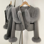OFTBUY Double Buttons Pockets Warm Winter Elegant Outerwear New Women's Wool Cropped Jacket with Large Real Fox Fur Collar Cuffs