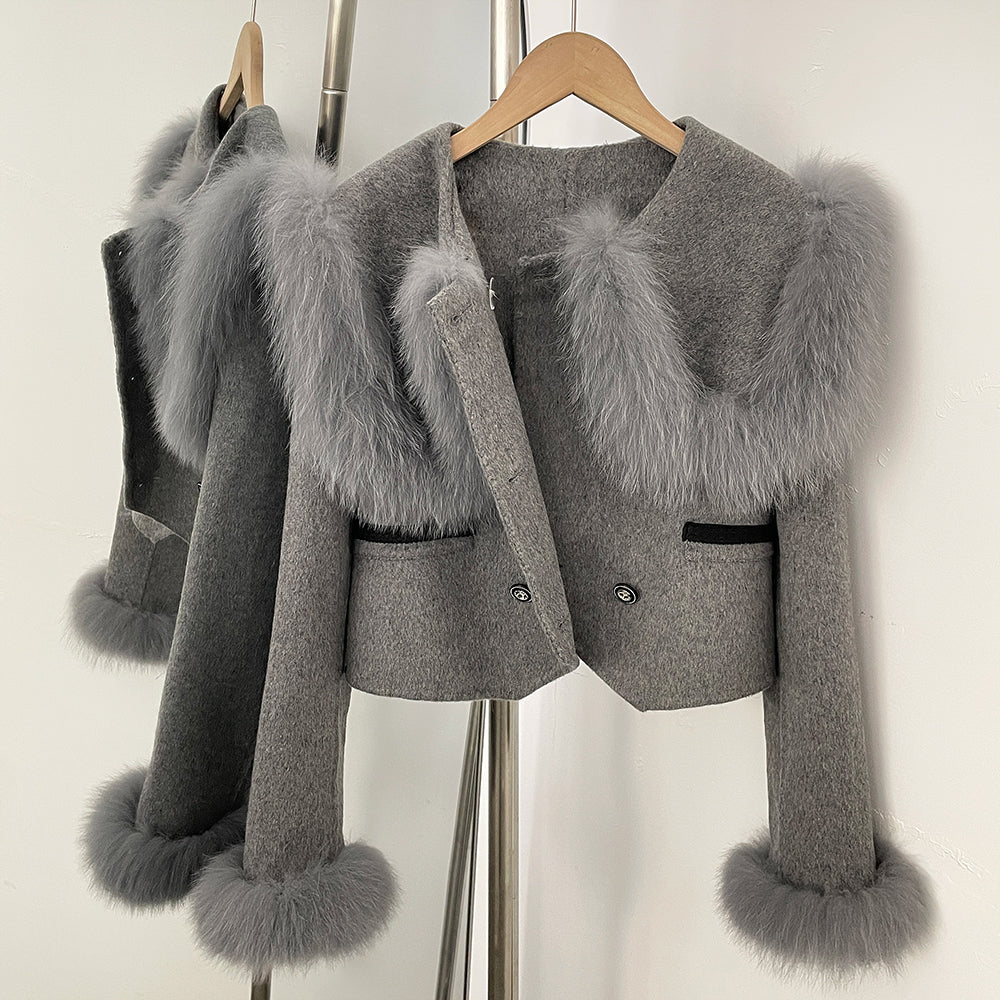 OFTBUY Double Buttons Pockets Warm Winter Elegant Outerwear New Women's Wool Cropped Jacket with Large Real Fox Fur Collar Cuffs