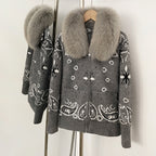 OFTBUY Women's Vintage Real Fox Fur Collar Knit Cardigan Paisley Print Zip Up Sweater Jacket Female Warm Winter Luxury Outerwear