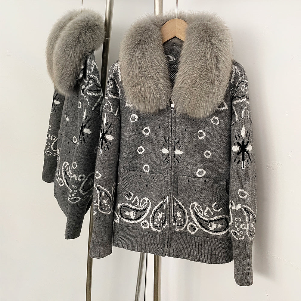 OFTBUY Women's Vintage Real Fox Fur Collar Knit Cardigan Paisley Print Zip Up Sweater Jacket Female Warm Winter Luxury Outerwear