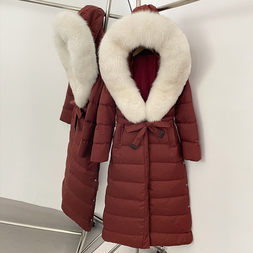 OFTBUY Hooded Winter White Duck Down Coat Large Real Fox Fur Collar X-Long Puffer Jacket Women Thick Female Parkas With Belt