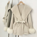 OFTBUY Pockets Elegant Warm Winter Fashion Outerwear Female New Women's Double-Faced Wool Coat Lapel Collar Belt Real Fox Fur