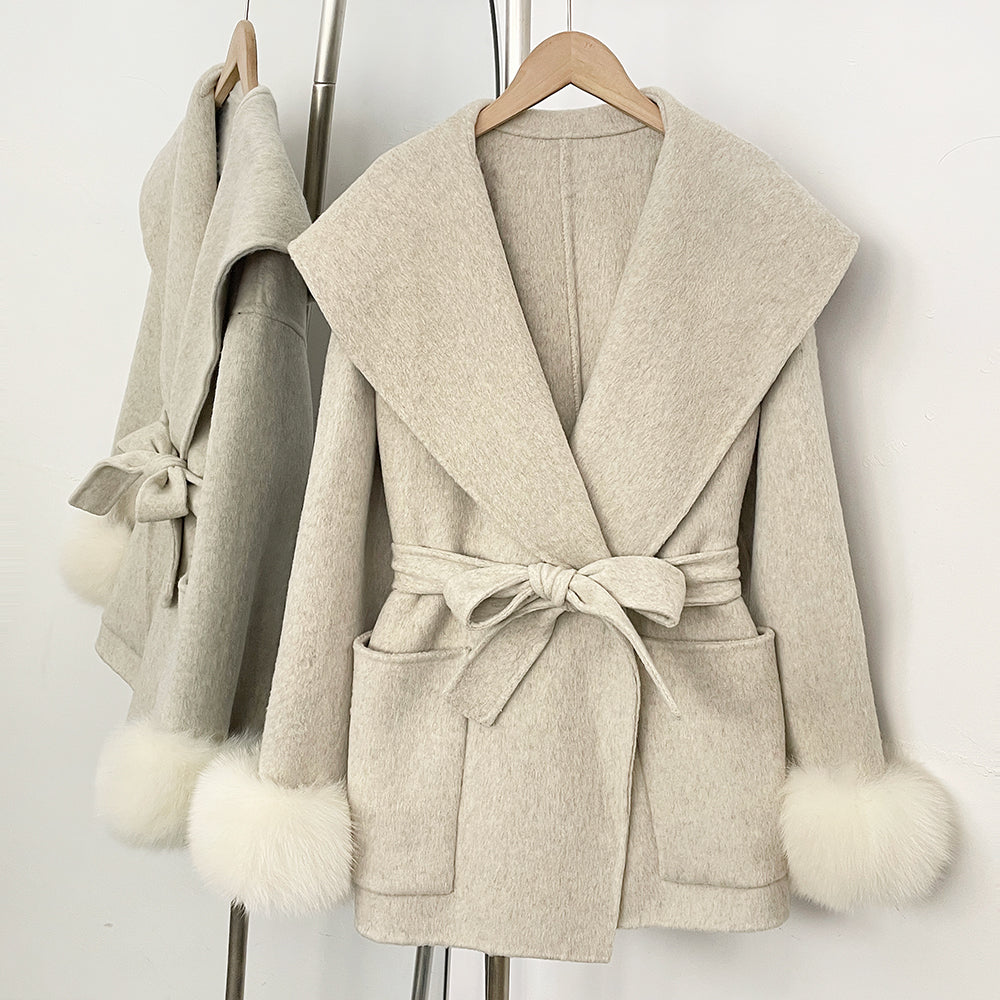OFTBUY Pockets Elegant Warm Winter Fashion Outerwear Female New Women's Double-Faced Wool Coat Lapel Collar Belt Real Fox Fur