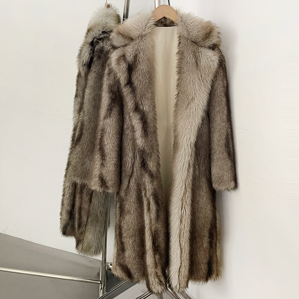 OFTBUY Luxury Long-Line Notch Lapel Faux Fur Coat - Elegant Winter Vegan Fur Overcoat