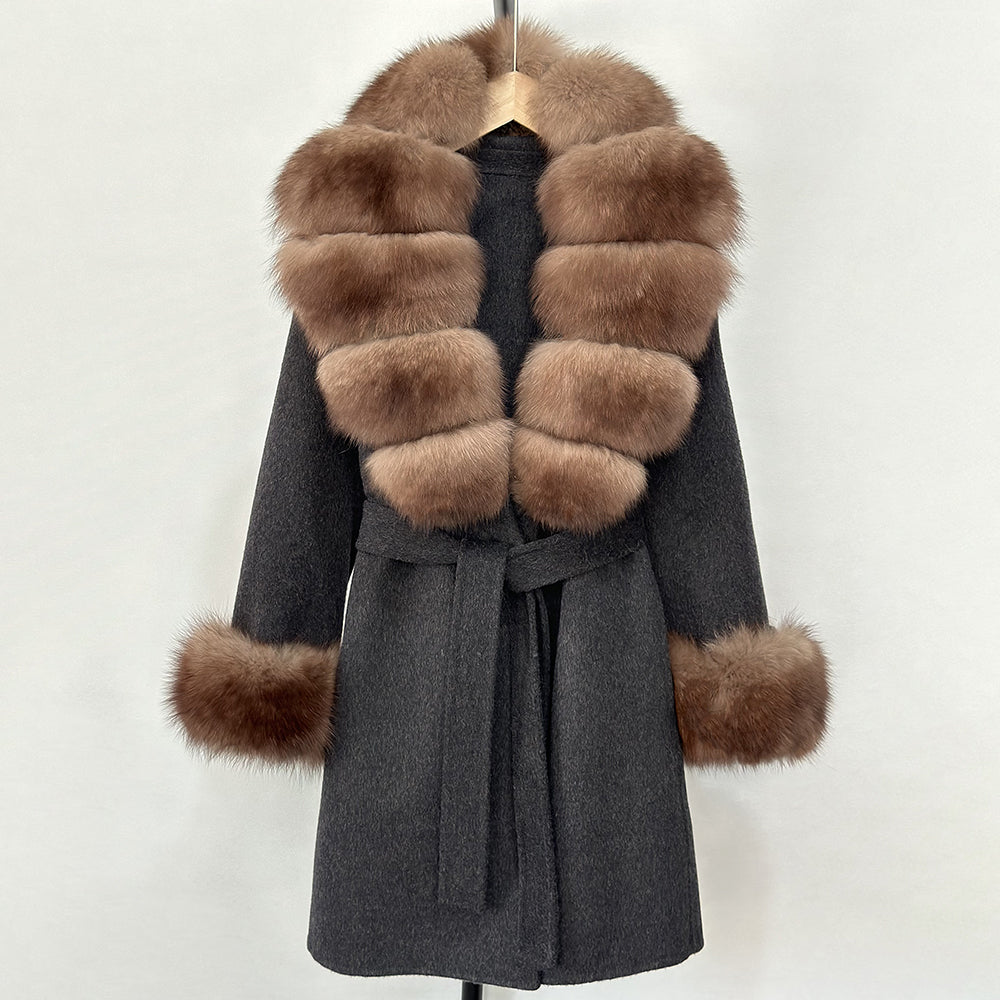 OFTBUY New Autumn Winter Top Clothes Women Belt Natural Fur Wool Coat Female Fashion Warm Woolen Jacket with Real Fox Fur Collar