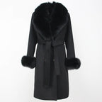 OFTBUY Winter Jacket Women Long Natural Wool Blends Cashmere Real Fur Coat Double Breasted Belt Warm Streetwear New Fashion