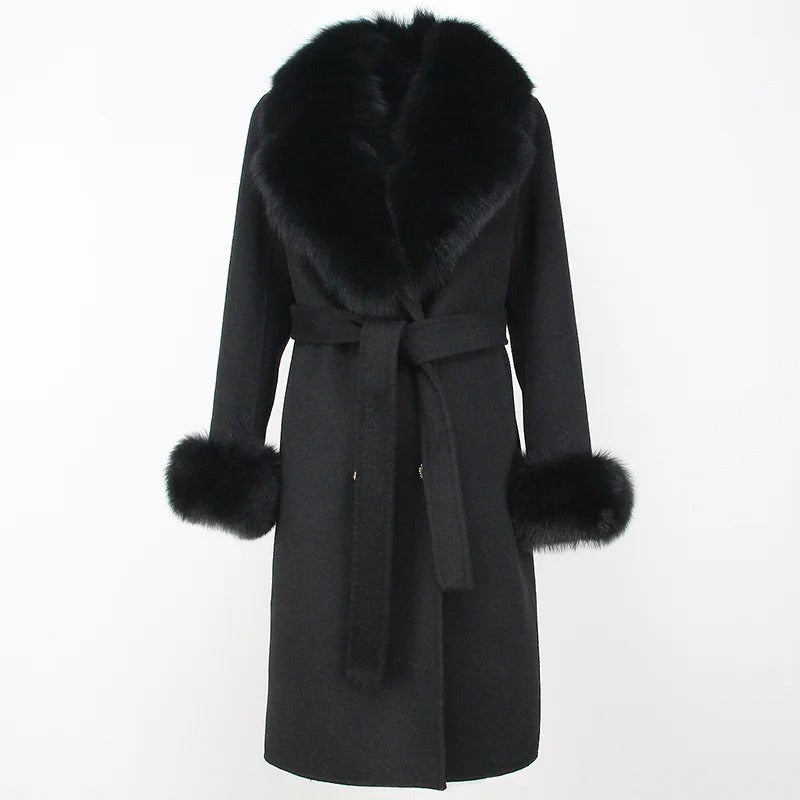 OFTBUY Winter Jacket Women Long Natural Wool Blends Cashmere Real Fur Coat Double Breasted Belt Warm Streetwear New Fashion
