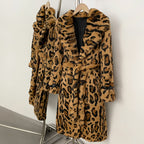 OFTBUY Luxury Leopard Print Real Rabbit Fur Long Coat - Wide Notched Lapel Belted Waist Genuine Rabbit Fur Winter Trench Coat