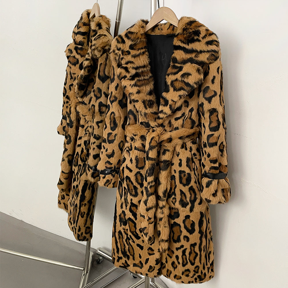OFTBUY Luxury Leopard Print Real Rabbit Fur Long Coat - Wide Notched Lapel Belted Waist Genuine Rabbit Fur Winter Trench Coat