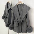 OFTBUY Pockets Elegant Warm Winter Fashion Outerwear Female New Women's Double-Faced Wool Coat Lapel Collar Belt Real Fox Fur