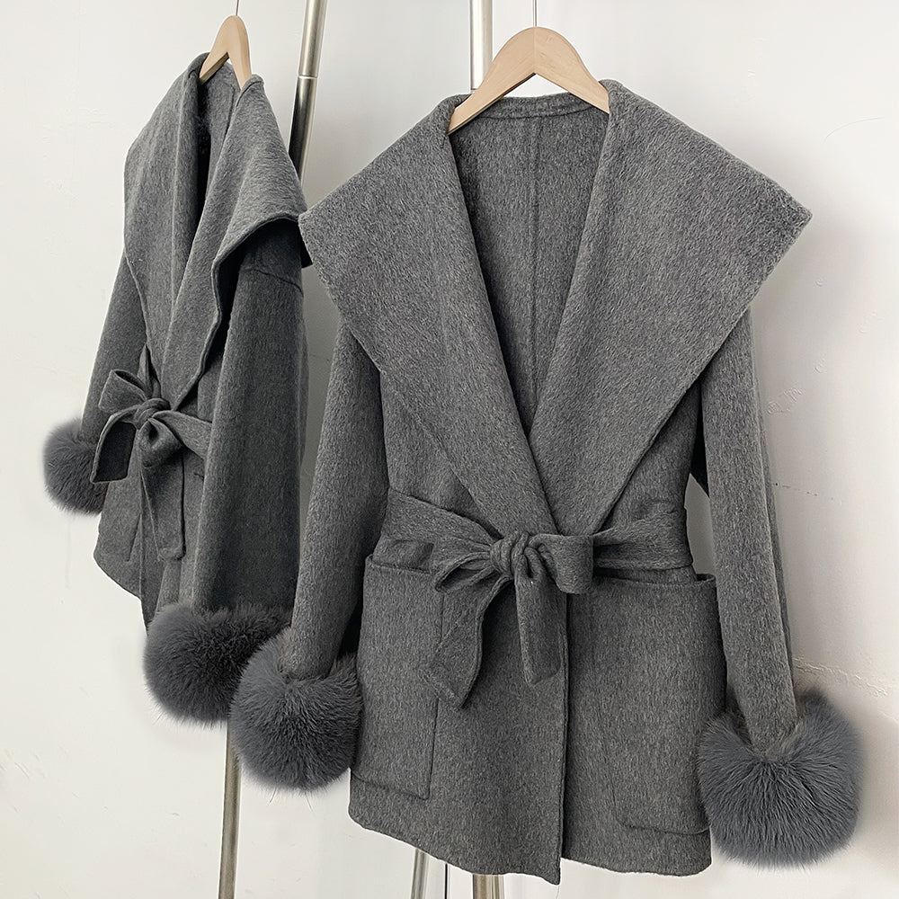 OFTBUY Pockets Elegant Warm Winter Fashion Outerwear Female New Women's Double-Faced Wool Coat Lapel Collar Belt Real Fox Fur