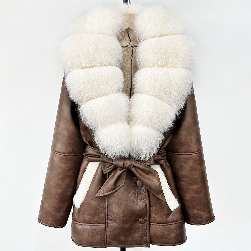OFTBUY Large Natural Fox Fur Coat New Women Thick Warm Retro Faux Lamb Fur Jacket Belt Winter Female Parkas Outwear