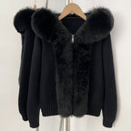 OFTBUY Luxury Viscose Blend Knitted Jacket with Real Fox Fur Hood & Trim - Premium Zip-Up Sweater with Oversized Fur Collar