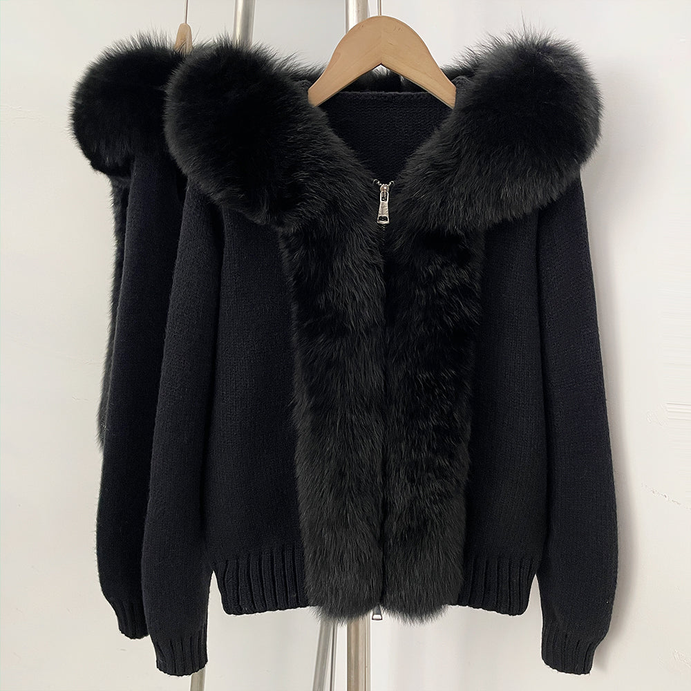 OFTBUY Luxury Viscose Blend Knitted Jacket with Real Fox Fur Hood & Trim - Premium Zip-Up Sweater with Oversized Fur Collar