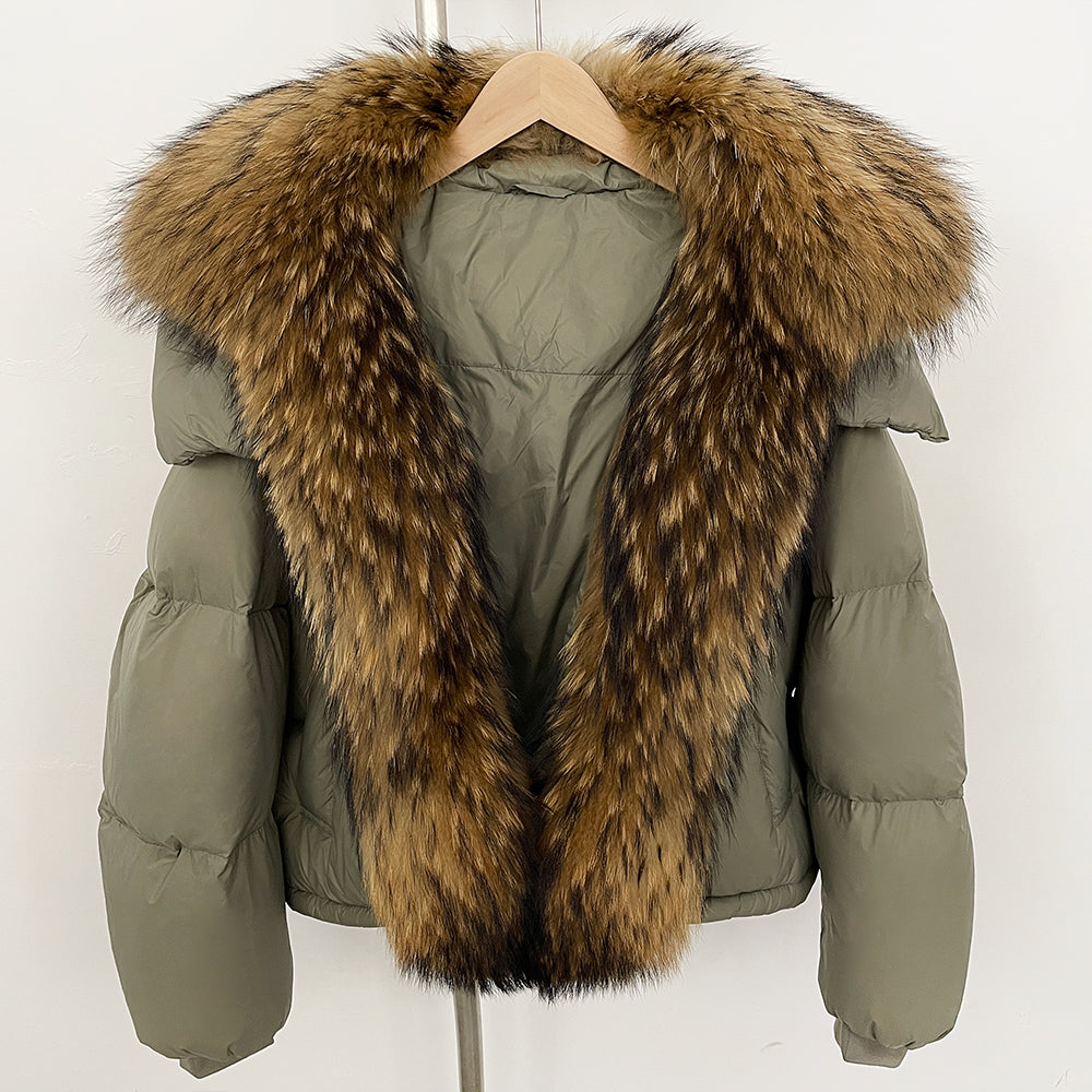 OFTBUY Ultra-Luxury 90% Duck Down Puffer Jacket with Oversized Real Fox & Raccoon Fur Collar