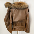 OFTBUY Women's Real Fox Raccoon Fur Collar Faux Leather Trench Coat Double Breasted PU Jacket with Belt Luxury Winter Outerwear