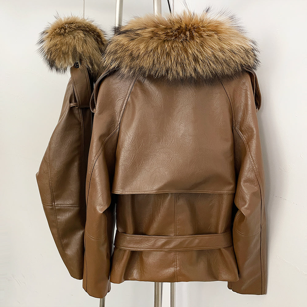 OFTBUY Women's Real Fox Raccoon Fur Collar Faux Leather Trench Coat Double Breasted PU Jacket with Belt Luxury Winter Outerwear