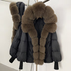 OFTBUY Luxury Cropped Down Puffer with Colossal Real Fur Collar - Premium 90% Duck Down Winter Statement Coat