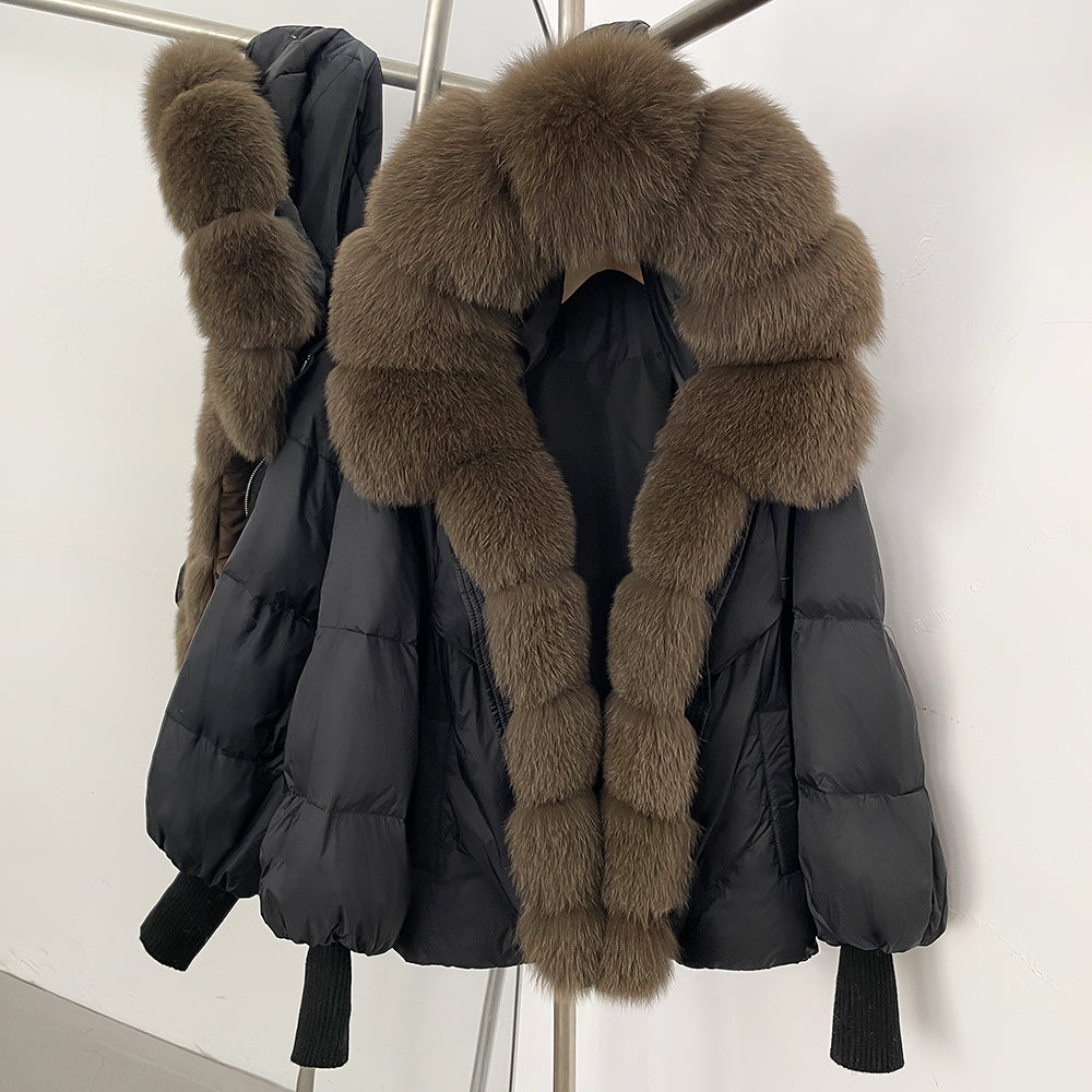 OFTBUY Luxury Cropped Down Puffer with Colossal Real Fur Collar - Premium 90% Duck Down Winter Statement Coat