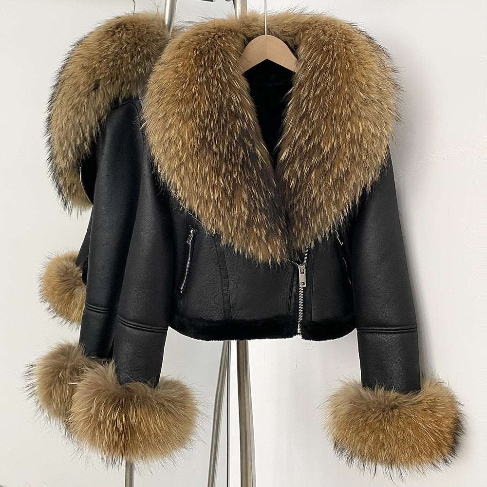 OFTBUY New Winter Real Fox Fur Collar and Cuffs Clothes Women Short Faux Leather Fake Fur Inner Jacket Female Thick Warm Coat