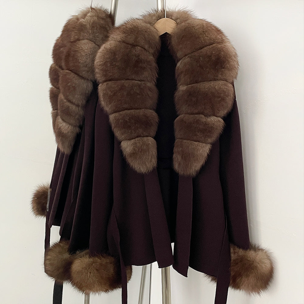 OFTBUY Belt Knit Warm Winter Luxury Casual Fashion Outerwear Sweater Female New Women's Knit Coat with Large Real Fox Fur Collar