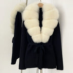 OFTBUY New Autumn Winter Luxury Fashion Outerwear Lady Women's Knit Coat with Large Real Fox Fur Collar Belt Textured Knit Warm