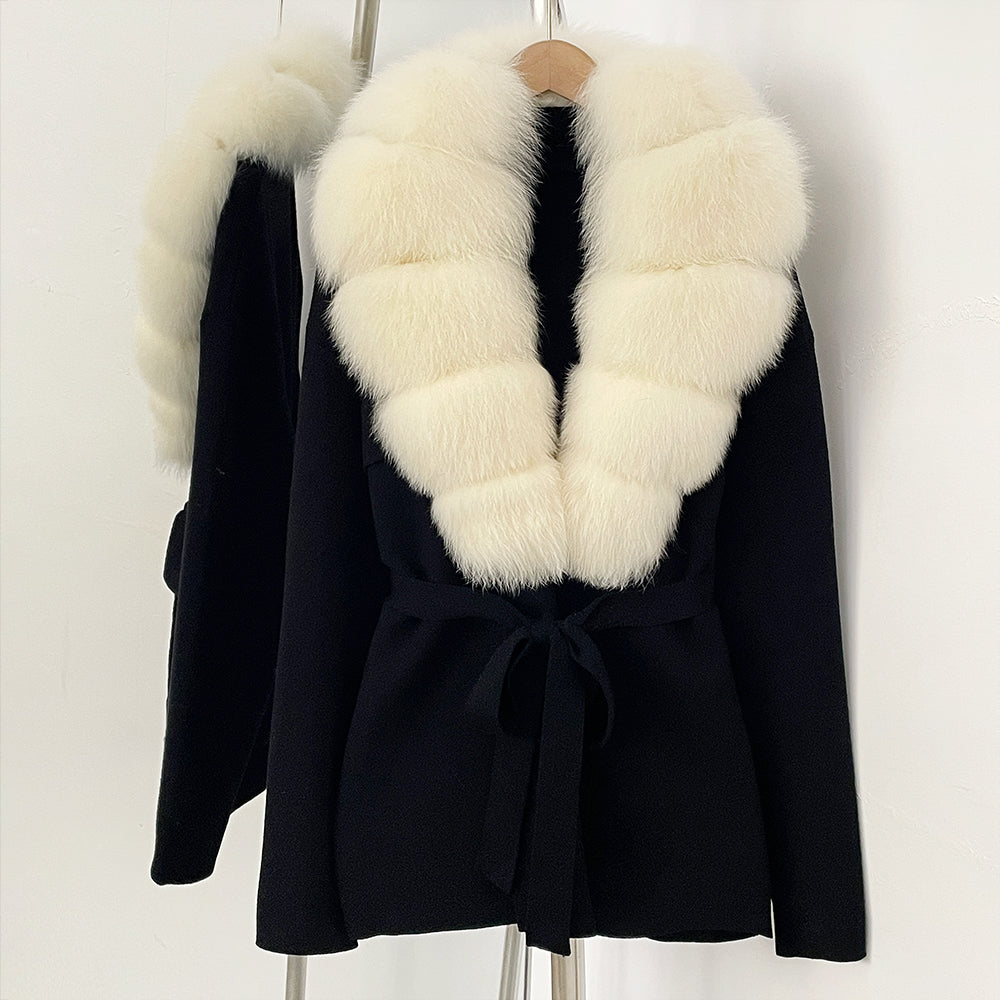 OFTBUY New Autumn Winter Luxury Fashion Outerwear Lady Women's Knit Coat with Large Real Fox Fur Collar Belt Textured Knit Warm