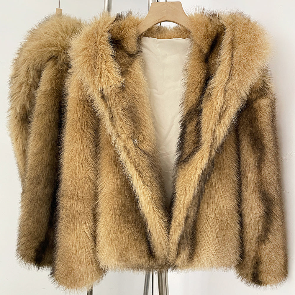 OFTBUY Luxury Hooded Faux Fur Jacket - Premium Vegan Silver Fox Style Cropped Winter Coat