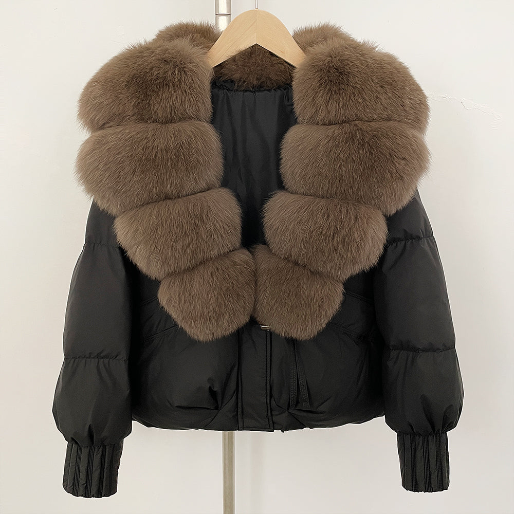 OFTBUY Luxury 90% Duck Down Puffer Jacket with Oversized Real Fox Fur Collar - Short Tiered Winter Coat