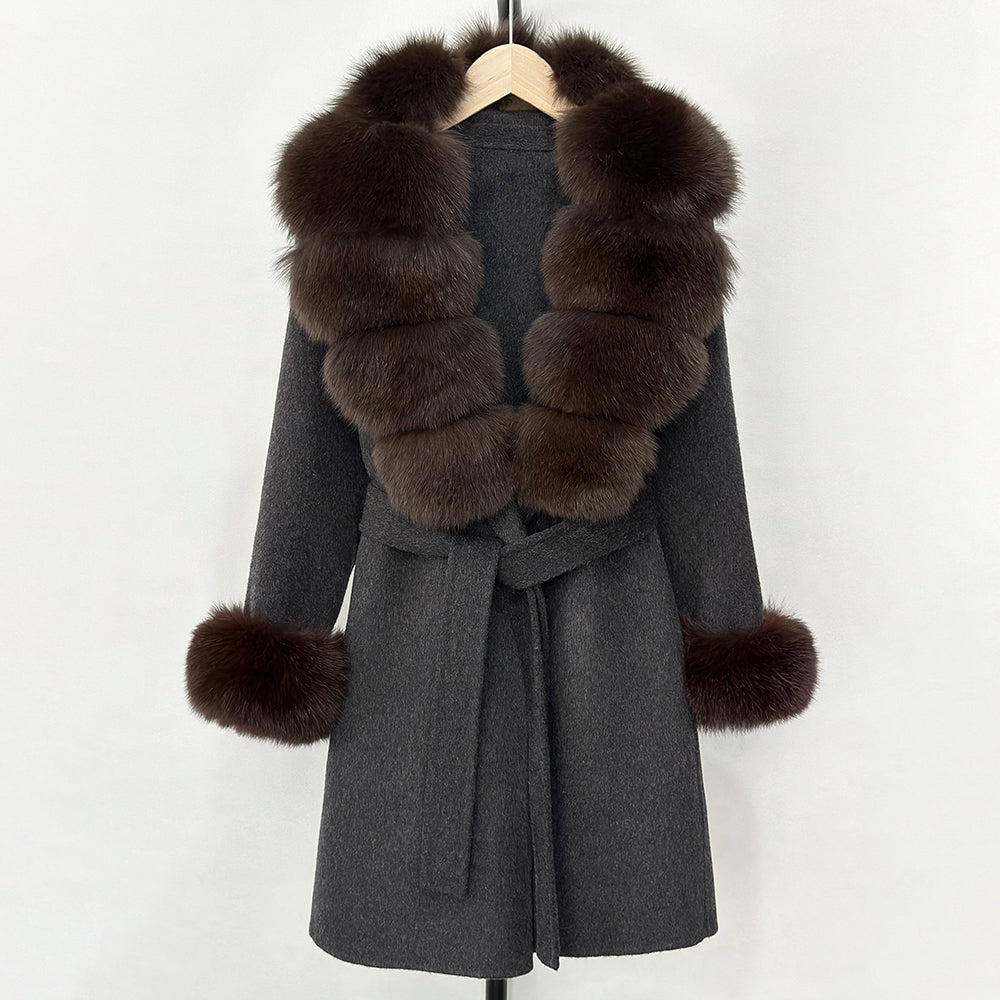 OFTBUY New Autumn Winter Top Clothes Women Belt Natural Fur Wool Coat Female Fashion Warm Woolen Jacket with Real Fox Fur Collar