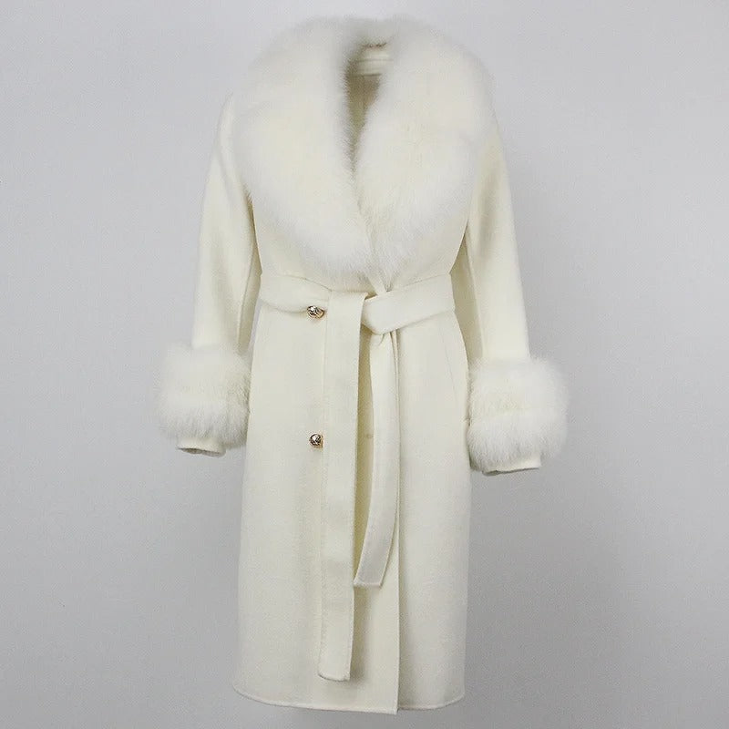 OFTBUY Winter Jacket Women Long Natural Wool Blends Cashmere Real Fur Coat Double Breasted Belt Warm Streetwear New Fashion