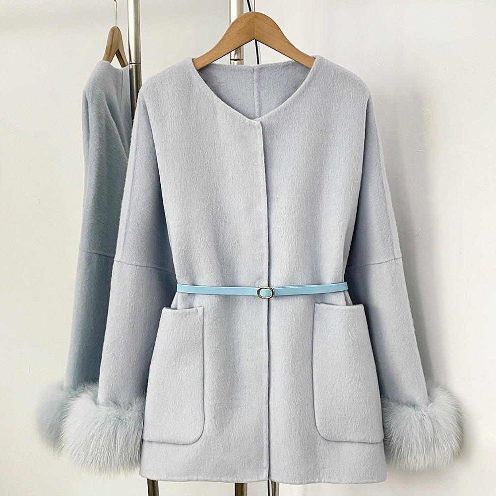 OFTBUY New Autumn Winter Belt Woolen Clothes Women Real Fox Fur Cuffs and Collar 100% Wool Coat Female Natural Fur Pocket Jacket